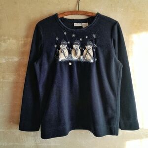 252a. dark blue fleece winter snowman embroidered long sleeve with mini bells, M